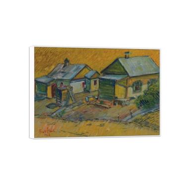 Imagem de David Burliuk famosas impressões em tela de arte de parede prontas para pendurar. Duas casas. Pintura com moldura branca para decoração de sala de estar 60 x 85 cm 24 x 33 polegadas