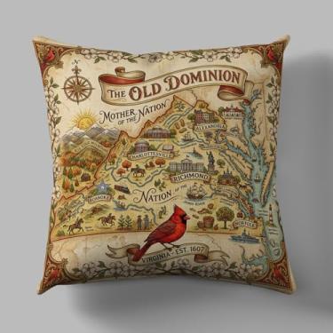 Imagem de DECOPOW Capa de almofada vintage com mapa da Virgínia - Capa de almofada retrô Old Dominion Mother of the Nation apenas 45 x 45 cm