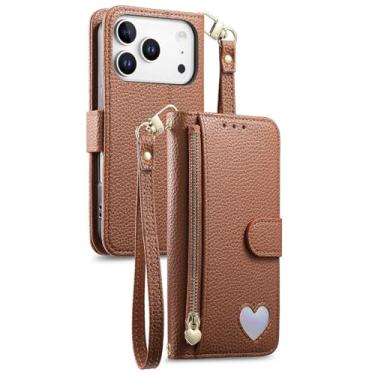 Imagem de POYUFRG Capa flip para iPhone 17 Pro Max/17 Pro/17 Air/17, carteira com zíper elegante padrão lichia capa de couro com porta-cartão, marrom, 17 Pro
