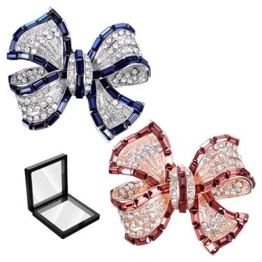 Imagem de DOPENSPI 2 peças broche de laço de strass, elegante broche de lapela de cristal para mulheres vintage dourado azul broche de laço de fita para vestido terno festa de casamento acessórios de joias