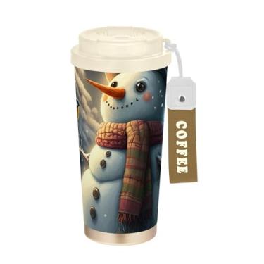 Imagem de TSENQUE Caneca de café de viagem de 473 ml com tampa de canudo e filp, copo de café de viagem de aço inoxidável isolado a vácuo à prova de vazamento, boneco de neve pássaros Natal