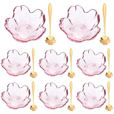 Imagem de Yiyiring Conjunto de 8 tigelas de vidro de flor de cerejeira rosa com colheres de flores, pratos de molho Sakura para temperos, tigela pequena de vidro de cristal de flor japonesa, pratos de aperitivo
