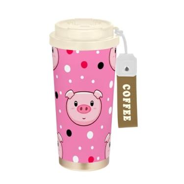 Imagem de Caneca de viagem de café 16+ Oz, copo de café de viagem com revestimento cerâmico com canudo e tampa, copo isolado a vácuo de aço inoxidável, porco fofo de desenho animado rosa macio