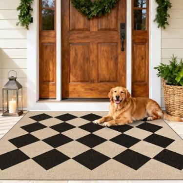 Imagem de JROSING Tapete de juta lavável quadriculado fácil 7,5 x 12,5 cm, quadriculado preto, geométrico, externo, pátio, pequeno, tapete neutro, antiderrapante, fino, para quarto, entrada, porta da frente