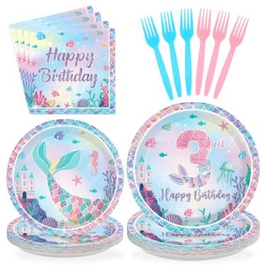 Imagem de Greencian 96 peças de decoração de festa de 3 anos de sereia, pratos e guardanapos, conjuntos de utensílios de mesa sob o mar, decorações de 3 anos para chá de bebê, suprimentos de festa, serve 24