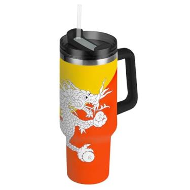 Imagem de Copos com tampa e canudo Bandeira do Butão Dia da Independência 850 g Copo com alça à prova de derramamento garrafas de água isoladas de aço inoxidável xícaras de café quente para carro