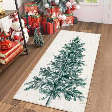 Imagem de Lahome Tapete de Natal antiderrapante 2x4 tapete lavável pequeno corredor, resistente a manchas, tapete de corredor bege macio para quarto, estampa de árvore de Natal, floco de neve, decoração de