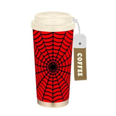 Imagem de TSENQUE Caneca de café de viagem com revestimento cerâmico, copo de café de aço inoxidável com canudo e tampa, copo isolado a vácuo, teia de aranha brilhante, vermelho e preto