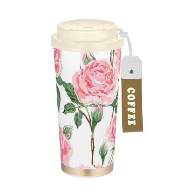 Imagem de TSENQUE Copo de café branco, flor rosa, 473 ml com canudo e tampa de enchimento, canecas de café de parede dupla isoladas a vácuo com revestimento cerâmico para escola, escritório, festa, acampamento