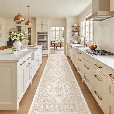 Imagem de zesthome Tapete de corredor lavável 6 x 25 cm - Tapete de entrada resistente a manchas, tapetes de cozinha ultrafinos, tapetes antiderrapantes para entrada, lavanderia, corredor interno (creme/bege, 6