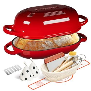 Imagem de Forno de pão de fermento de ferro fundido esmaltado, forno holandês, incluindo suprimentos para assar pão de fermento como cesta à prova de pão Banneton - Forma de pão de ferro fundido de 5 litros
