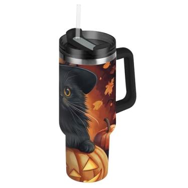 Imagem de Joisal Copo de 1,134 g com alça copos de aço inoxidável com tampas e impressão de canudo garrafas de água isoladas carros xícara de café bebida quente bruxa gato abóbora