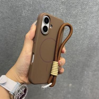Imagem de Capa de silicone líquido para iPhone 16, 11, 12, 13, 14, 15 Pro Max, 16 Plus, alça de pulso, cordão magnético, marrom, para iPhone 12 Pro