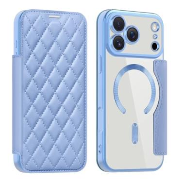 Imagem de SFDSUH Capa carteira de couro resistente a impactos para iPhone 16 Plus com porta-cartões, carregamento sem fio e sistema magnético (para iPhone 16 Plus/Azul Claro)