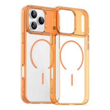 Imagem de SFDSUH Capa de luxo transparente com carregamento sem fio magnético para iPhone 16 Pro (Para iPhone 16 Pro/Laranja)
