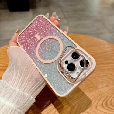 Imagem de HJZSZX Capa de celular luxuosa com suporte magnético e proteção de lente de vidro à prova de choque para iPhone 16 Plus (para iPhone 16 Plus/rosa)