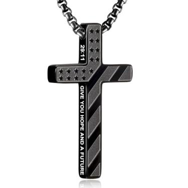 Imagem de RWQIAN Colar de cruz com bandeira americana para homens, corrente masculina com pingente de cruz e versículo da Bíblia de aço inoxidável, colar de crucifixo para cristãos, adolescentes, batismo