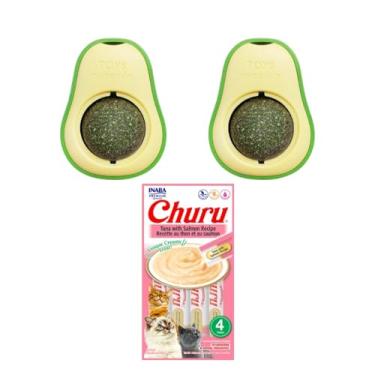 Imagem de Kit 2 Brinquedos Catnip Abacate + 4 Tubetes Petisco Gato Estímulo Caça Bem Estar (Pequeno, Atum e Frango)