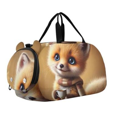 Imagem de Bolsa esportiva de viagem para meninos, fim de semana, bolsa de viagem para meninas, bolsa de viagem para dança, romântica, gato Titanic Love, Cozy Fox Coffee Time, Clássico