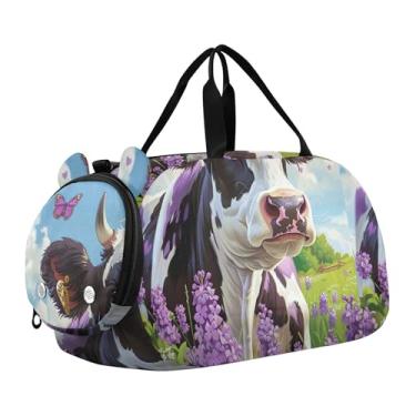 Imagem de Bolsa esportiva para meninos durante a noite, bolsa de viagem para viagem, academia, vaca, roxo, manchas pretas, Vaca roxa e manchas pretas, Clássico