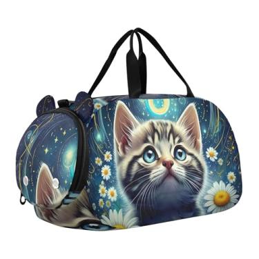 Imagem de Bolsa esportiva escocesa Highland com flores de vaca para meninas, bolsa de viagem noturna, compartimento de sapatos para meninos, Céu noturno estrelado gatinho fofo, Clássico