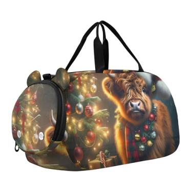 Imagem de Bolsa esportiva de Natal para meninas Highland Cow, bolsa de viagem para fim de semana, compartimento para sapatos noturnos, bolsa esportiva para meninos, Vaca Highland fofa de Natal, Clássico