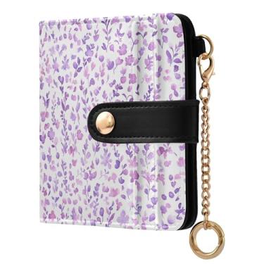 Imagem de SEHANY Carteira feminina elegante com flores roxas com bloqueio de RFID, compacto, porta-cartão de crédito de couro PU, dobrável para moedas, carteiras para mulheres e adolescentes