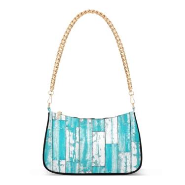 Imagem de Bolsa de ombro com corrente de ombro com tábuas de madeira pintada turquesa, bolsa feminina Hobo média, bolsa clutch moderna para todos os dias ou à noite