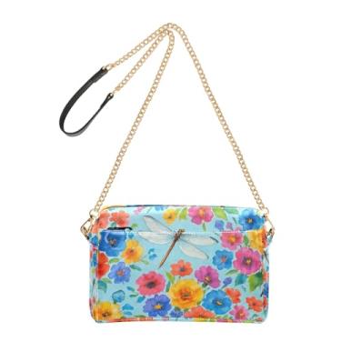 Imagem de Joitme Bolsa de ombro feminina, transversal, libélulas, vibrante, floral, colorida, bolsa para celular, bolsa de ombro de couro sintético com alça de corrente