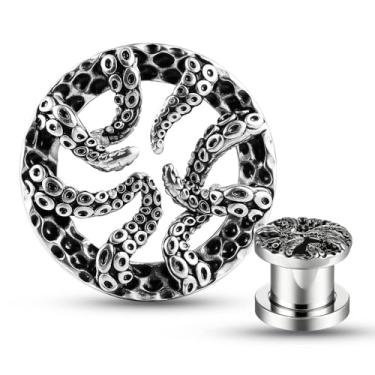 Imagem de Earblity 1 par de alargadores de orelha com alargadores de orelha de polvo, aço inoxidável 316, parafuso traseiro para orelhas, expansor hipoalergênico, joia corporal, 0G (8mm), Metal, Sem Pedra