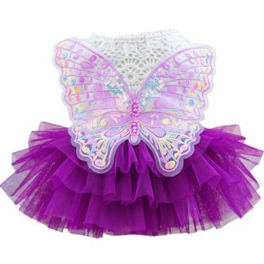 Imagem de Fantasia de fada de cachorro com asas de borboleta, vestido de princesa gato para cães pequenos, blusa de malha de renda branca e saia de tule roxa, roupa de Halloween com asas de fada para cães, 6,5
