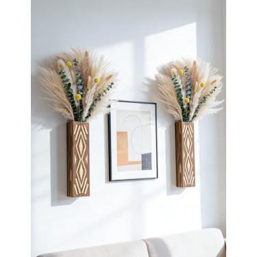 Imagem de PAMDECOR Conjunto de 2 vasos de madeira montados na parede com grama dos pampas e buquê de eucalipto - decoração de casa boêmia para sala de estar/entrada/banheiro - Arte de parede rústica para estilo