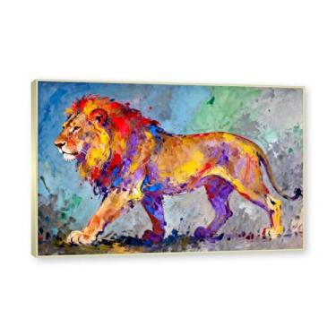 Imagem de NHLDZYH Moldura dourada. Pintura salpicada de leão pintura em tela abstrata arte animal mural vívido chama a atenção para sala de estar decoração moderna para casa. A45. 50 x 75 cm.