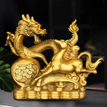 Imagem de FENNYYAR Estátua de cavalo de dragão de latão, 18 cm, decoração de casa feita para presente de sala de estar