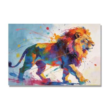 Imagem de NHLDZYH Arte abstrata de respingos de leão, pintura colorida de animais em tela, decoração de parede expressiva moderna para sala de estar ou escritório. A90. 50 x 75 cm - 19,7 x 29,6 pol. Somente