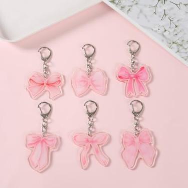 Imagem de 6 peças de chaveiros de lembrancinhas de festa com laço rosa, pingente de acrílico misto de design de laços diferentes, chaveiros requintados e fofos lembranças para chá de bebê, artigos de decoração