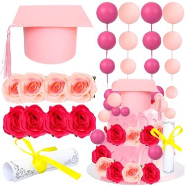 Imagem de Ephlyn Pacote com 40 topos de bolo de formatura 2025 turma de 2025 bolas de diploma flores parabéns decorações de bolo para graduação 2025 High School College Senior Graduation Supplies rosa