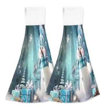 Imagem de Blueangle 2 peças de toalhas de gravata penduradas de boneco de neve de Natal toalha de mão de cozinha absorvente de veludo coral macio pano de pano para cozinha e banheiro (338)