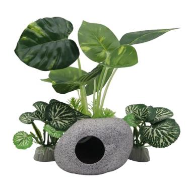 Imagem de Abustle pig Decoração de aquário de plantas de aquário artificial de plástico e esconderijo de caverna de rocha com janela de visualização para decoração de aquário Betta (folhas/caverna de pedra)
