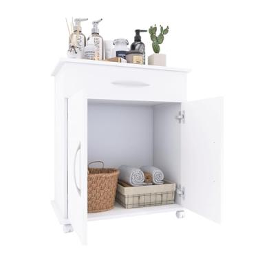 Imagem de Armário de Cozinha Branco com Rodízios, Gaveta e Compartimento de Armazenamento, Organizador para Microondas, 75 cm