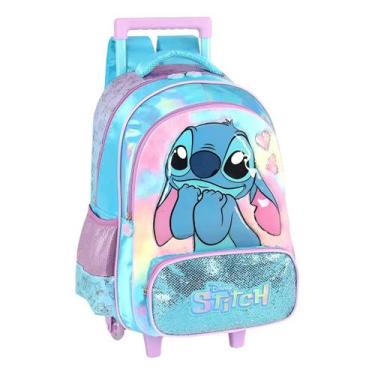 Imagem de Mochila Escolar Juvenil Menina Rodinha Stitch Azul Pelucia - Luxcel