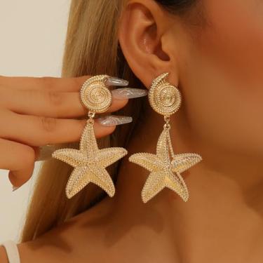 Imagem de 1 par de brincos femininos de concha, estrela-do-mar, dourados, modernos e hipoalergênicos, joias femininas delicadas com tema oceânico, uso diário, 12 g
