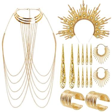 Imagem de Sureio Conjunto de joias nacionais africanas egípcias para mulheres, correntes corporais de borla dourada em várias camadas, anéis de garra de ponta de unha, brincos em forma de sol, pulseiras e