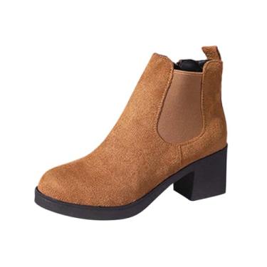 Imagem de Botas femininas modernas de camurça, bico redondo, salto grosso, botas curtas para o inverno, casuais e versáteis, Marrom, 36
