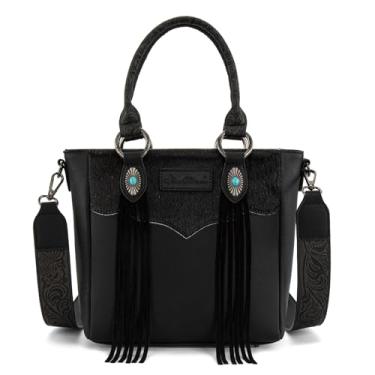 Imagem de Montana West Bolsa transversal feminina Western de couro com borla e alça superior, Preto
