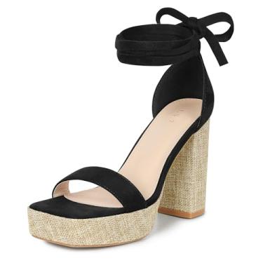 Imagem de Allegra K Sandálias femininas plataforma bico quadrado salto grosso com cadarço, Preto, 35