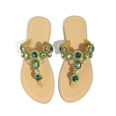 Imagem de Hinyyrin Chinelo feminino com strass cintilante, sandália plana para casamento, praia, verão, Verde #, 36