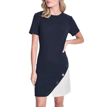 Imagem de DKNY Vestido feminino de manga curta com gola joia, crepe mergulhador, primavera azul marinho/marfim, 12
