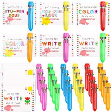 Imagem de LOAVER Conjunto de 24 canetas esferográficas multicoloridas para dia dos namorados com cartões de presente, canetas retráteis 10 em 1, cartões comemorativos para festa do dia dos namorados, troca de
