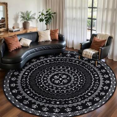 Imagem de SERISSA Tapete redondo, 1,8 m lavável antiderrapante preto e branco Boho Circular, tapete circular grande geométrico de pilha baixa para quarto, entrada, sala de estar, sala de jantar